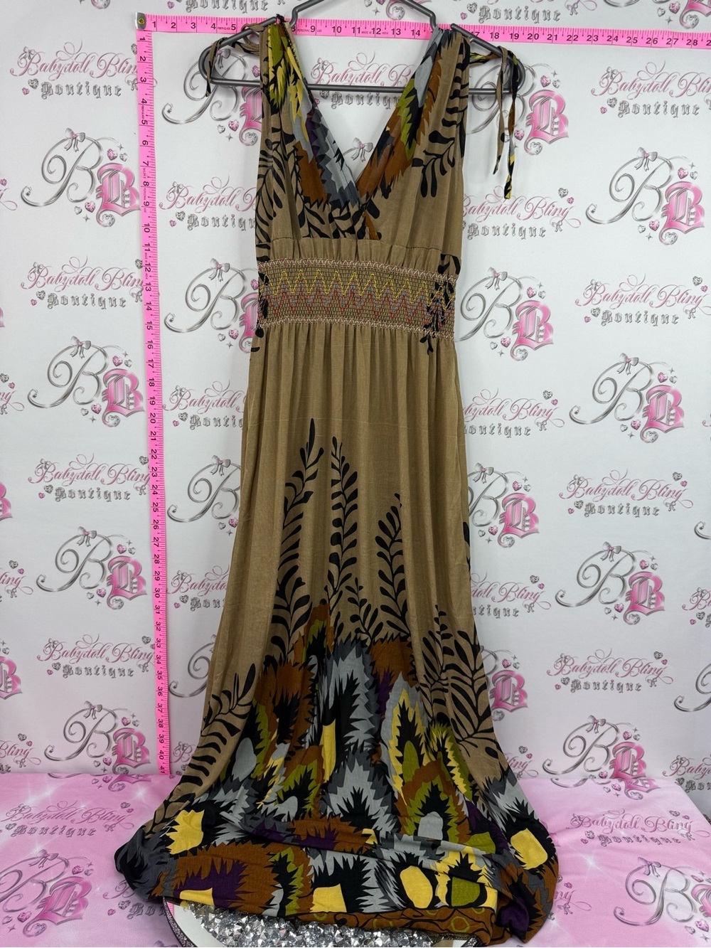 Dress smocked Sleeveless V-Neck Maxi Dress in Tan with Botanical Print